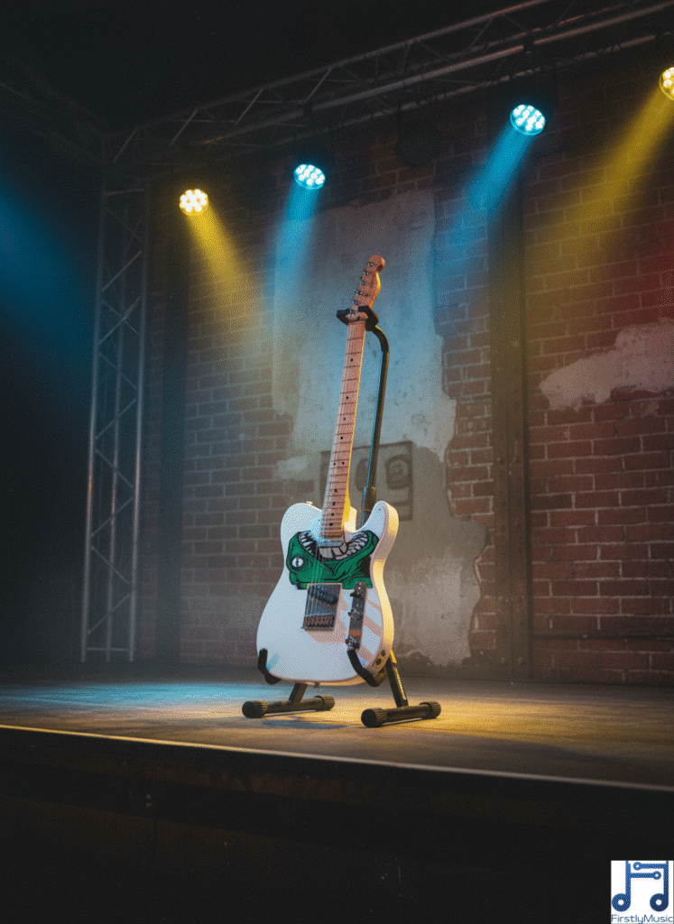 4_cameleon_blanc_guitare_stand guitare Telecaster blanche pickguard étendu forme Caméléon