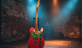 4_cameleon_rouge_guitare_stand guitare Telecaster rouge pickguard étendu forme Caméléon