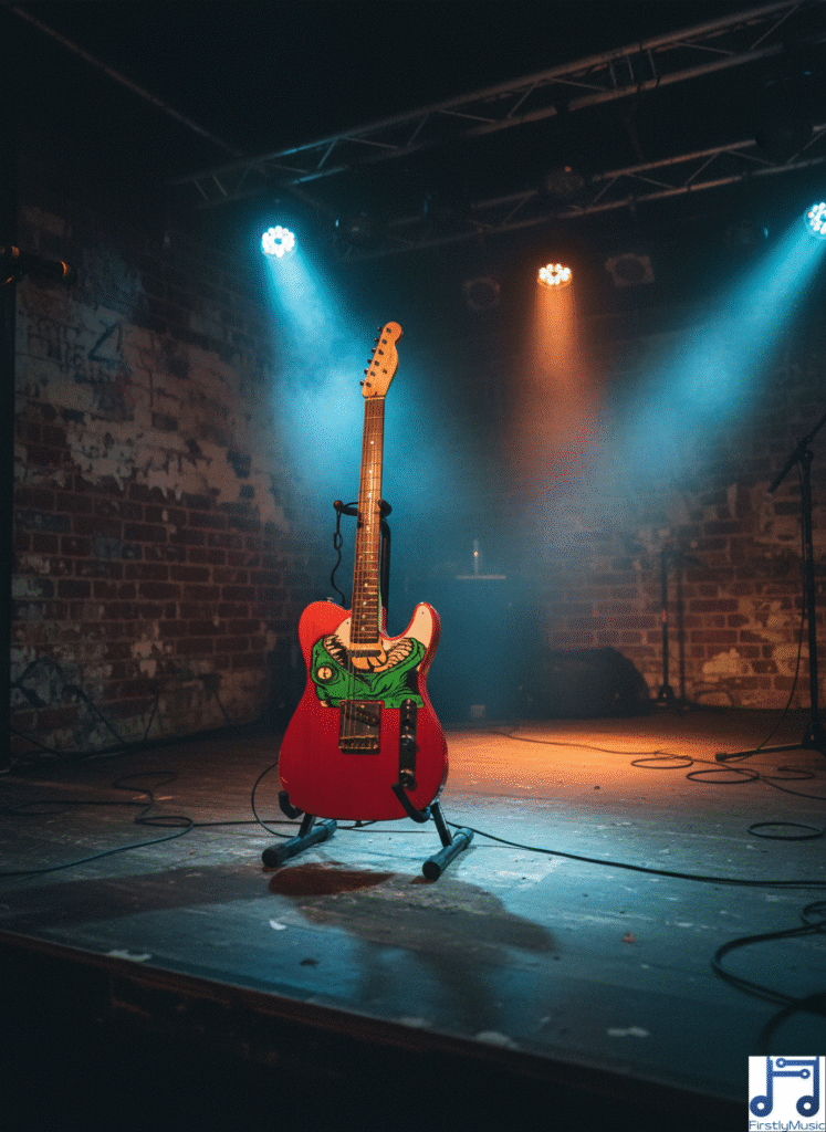 4_cameleon_rouge_guitare_stand guitare Telecaster rouge pickguard étendu forme Caméléon