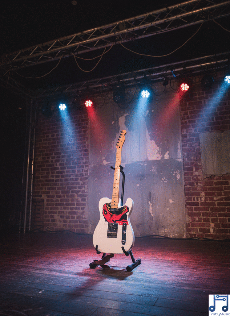 4_monstre_guitare_blanc_stand guitare Telecaster blanche pickguard étendu forme Monstre