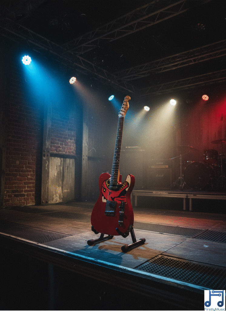 4_monstre_guitare_rouge_stand guitare Telecaster rouge pickguard étendu forme Monstre