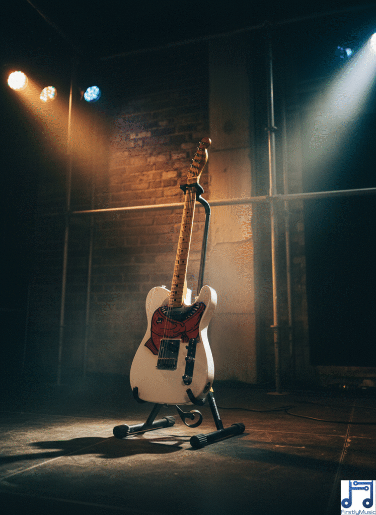 4_piranha_guitare_blanc_stand guitare Telecaster blanche pickguard étendu forme Piranha