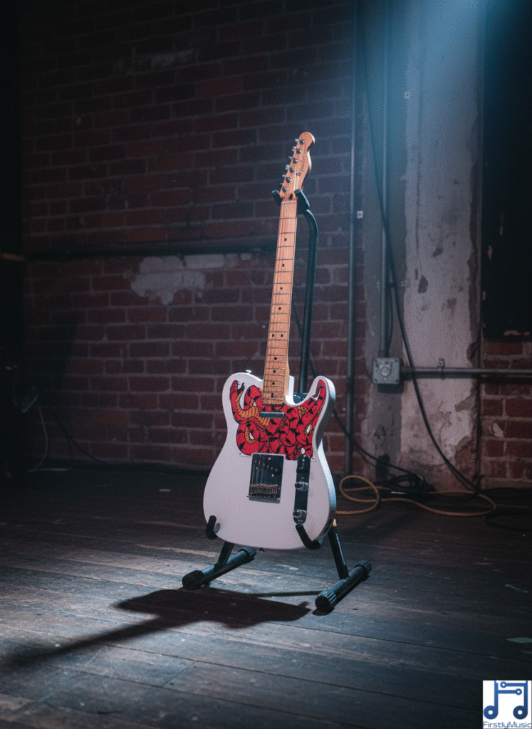 4_serpent_guitare_blanc_stand guitare Telecaster blanche pickguard étendu forme serpent