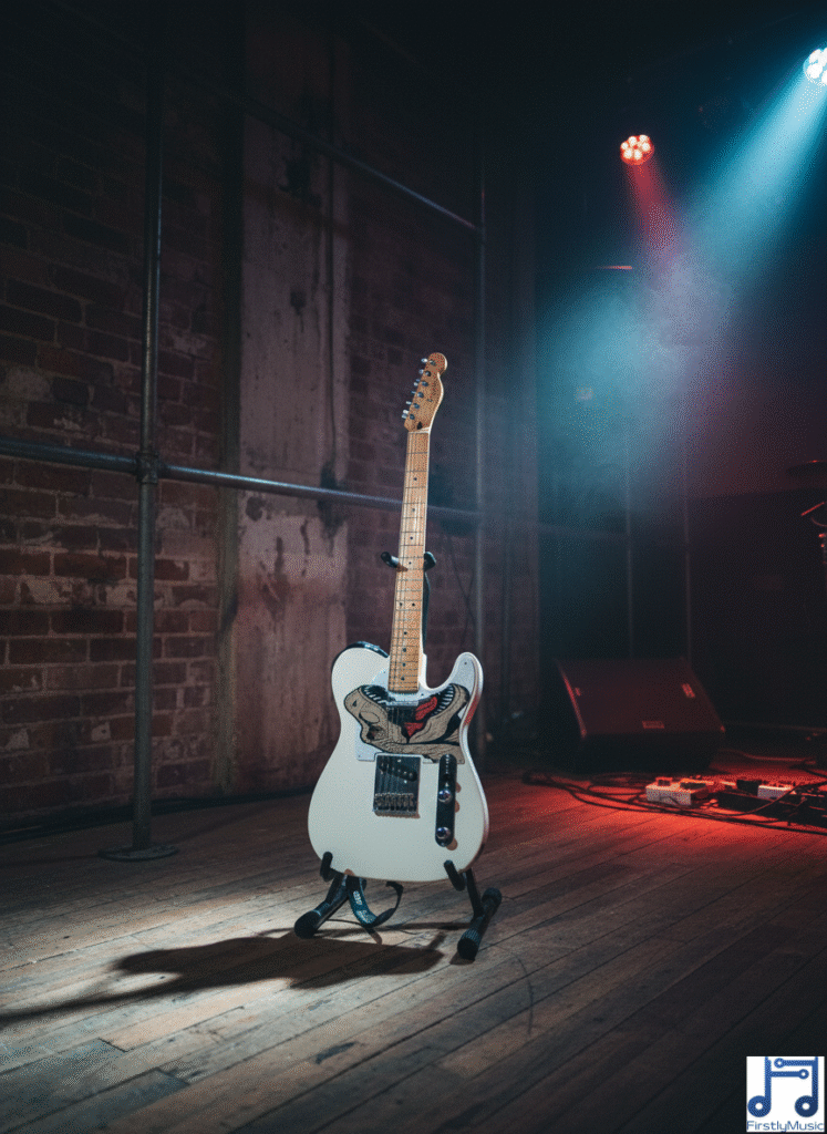 4_tyranosaure_guitare_blanc_stand guitare Telecaster blanche pickguard étendu forme Tyrannosaure