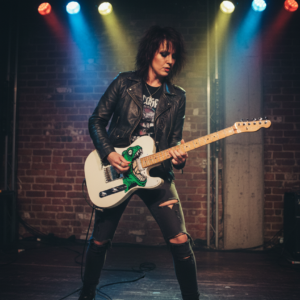 guitariste femme guitare Telecaster blanche pickguard étendu forme Caméléon