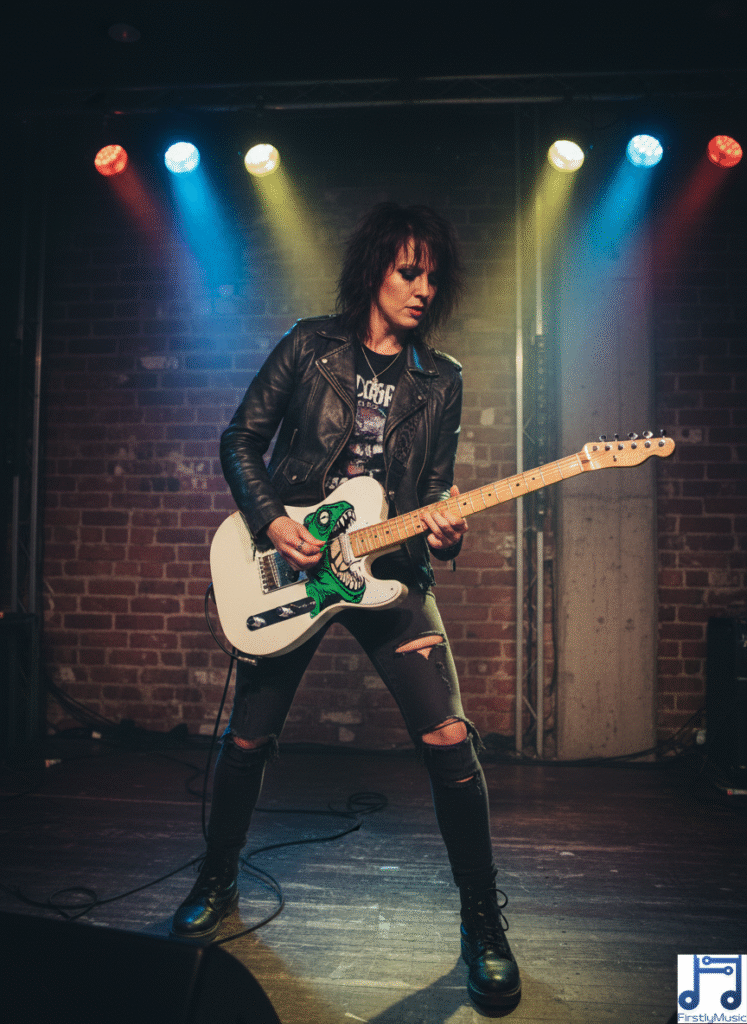 5_cameleon_blanc_personnage guitariste femme guitare Telecaster blanche pickguard étendu forme Caméléon