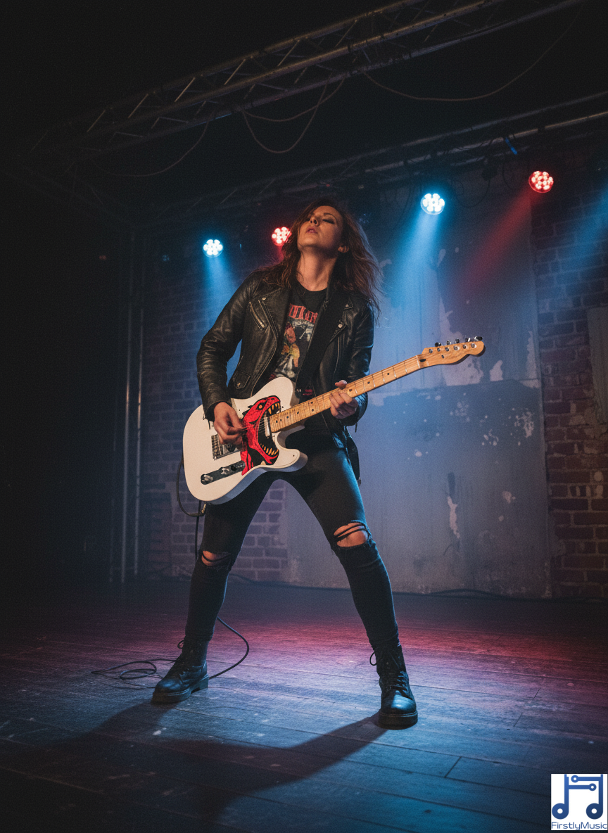 5_monstre_guitare_blanc_personnage2 guitariste femme guitare Telecaster blanche pickguard étendu forme Monstre