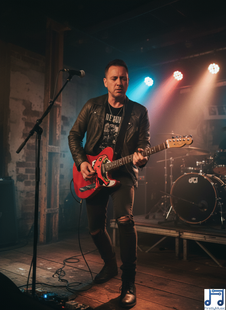 5_monstre_guitare_rouge_personnage1 guitariste homme guitare Telecaster rouge pickguard étendu forme Monstre