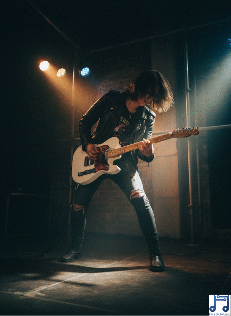 5_piranha_guitare_blanc_personnage guitariste femme guitare Telecaster blanche pickguard étendu forme Piranha