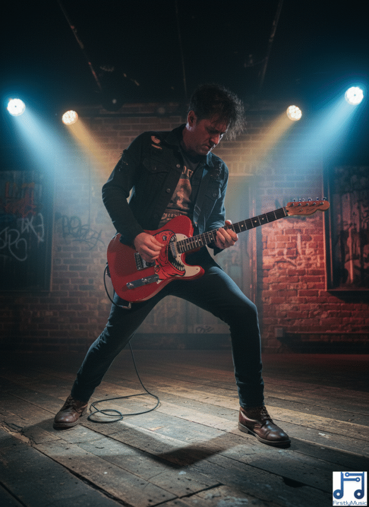 5_piranha_guitare_rouge_personnage guitariste homme guitare Telecaster rouge pickguard étendu forme Piranha