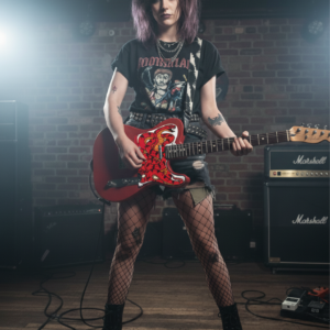 guitariste femme guitare Telecaster rouge pickguard étendu forme serpent