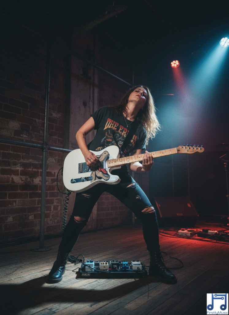 5_tyranosaure_guitare_blanc_personnage guitariste femme guitare Telecaster blanche pickguard étendu forme Tyrannosaure