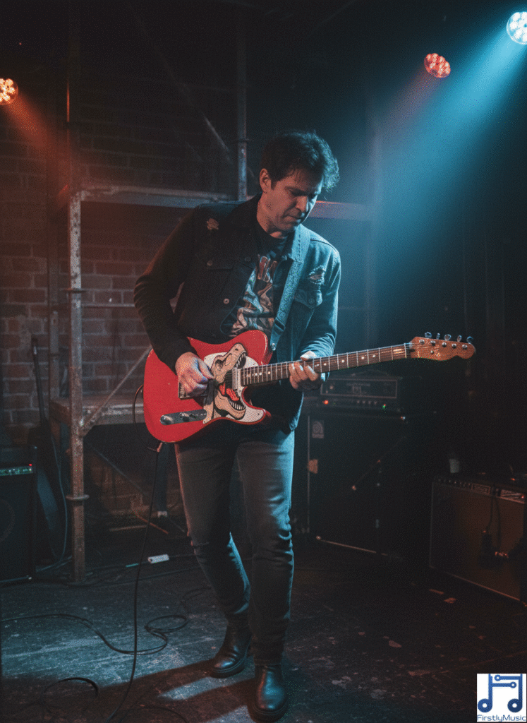 5_tyranosaure_guitare_rouge_personnage guitariste homme guitare Telecaster rouge pickguard étendu forme Tyrannosaure