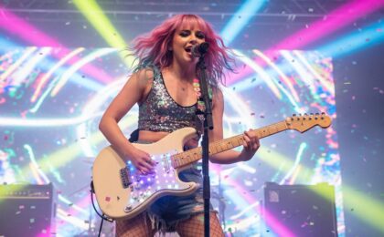 Guitarist playing a guitar fitted with a FirstlyMusic light-up pickguard